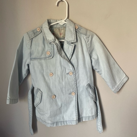 Zara Baby Girl Blue Long Pea Coat with Tie Front Size 18/24 Months - Picture 1 of 7